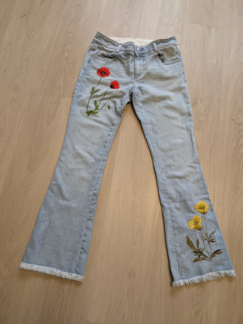 Stella McCartney Light Blue Embroidered Flare Jeans with Red & Yellow Flowers
